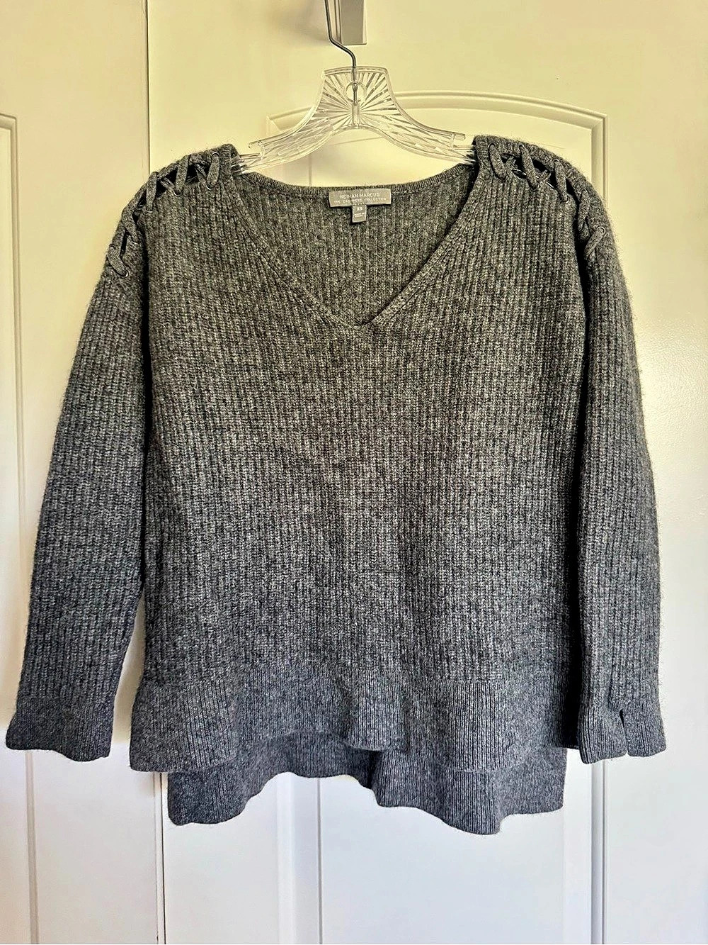 Neiman Marcus The Cashmere Collection Lace-Up Shoulder Sweater Gray XS